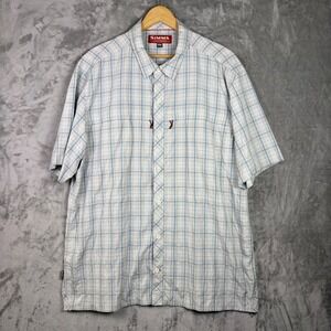 Simms Fishing Shirt XXL Plaid Short Sleeve Outdoor Performance Blue Mens